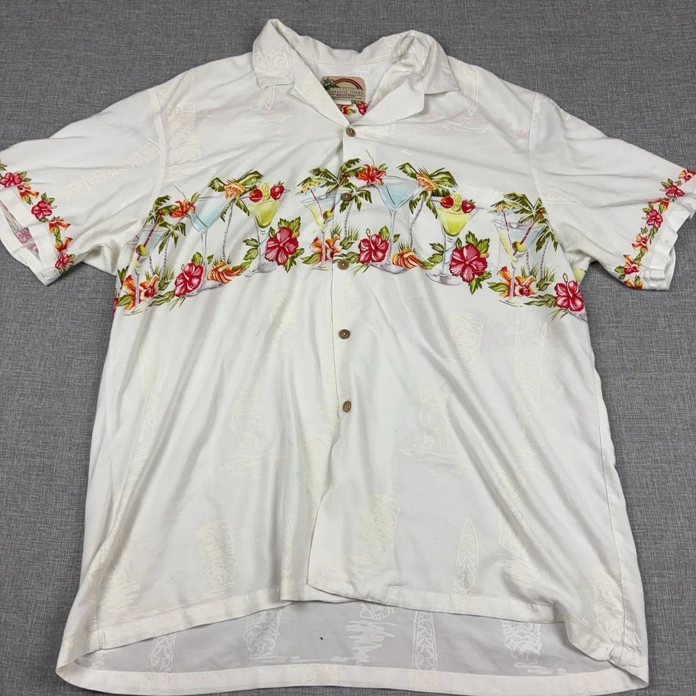Paradise Found Shirt Mens 2XL White Cocktail Hawaiian Short‎ Sleeve Button Up